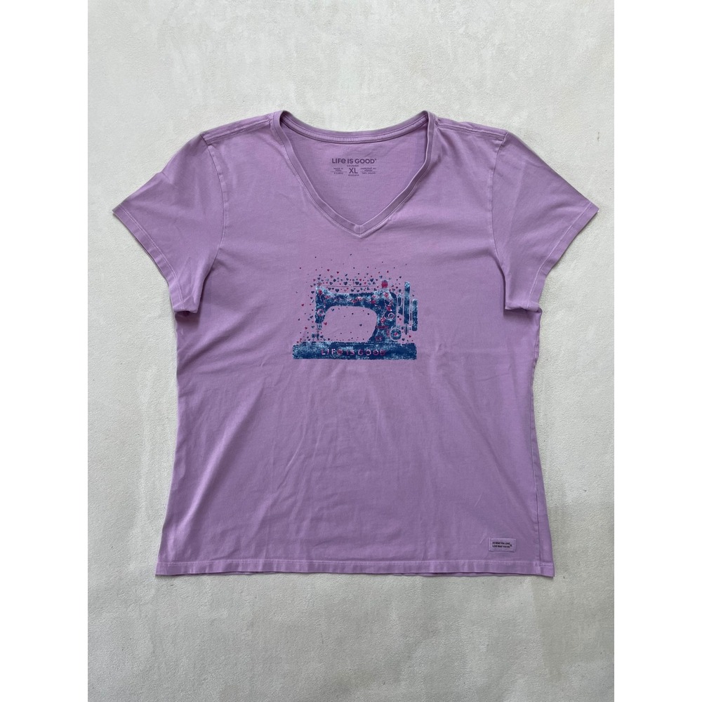 Life is Good Womens XL Purple Crusher V-Neck Sewing Machine Heart Graphic Tee